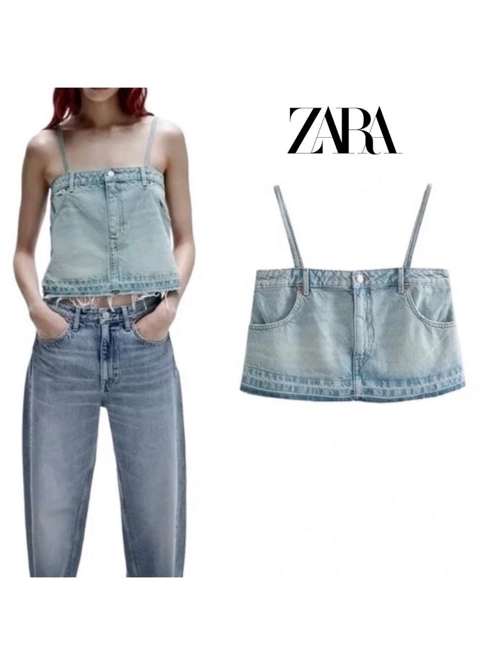ZARA Denim Jean Cropped Top Spaghetti Strap Blue Wash  Bloggers fave XS